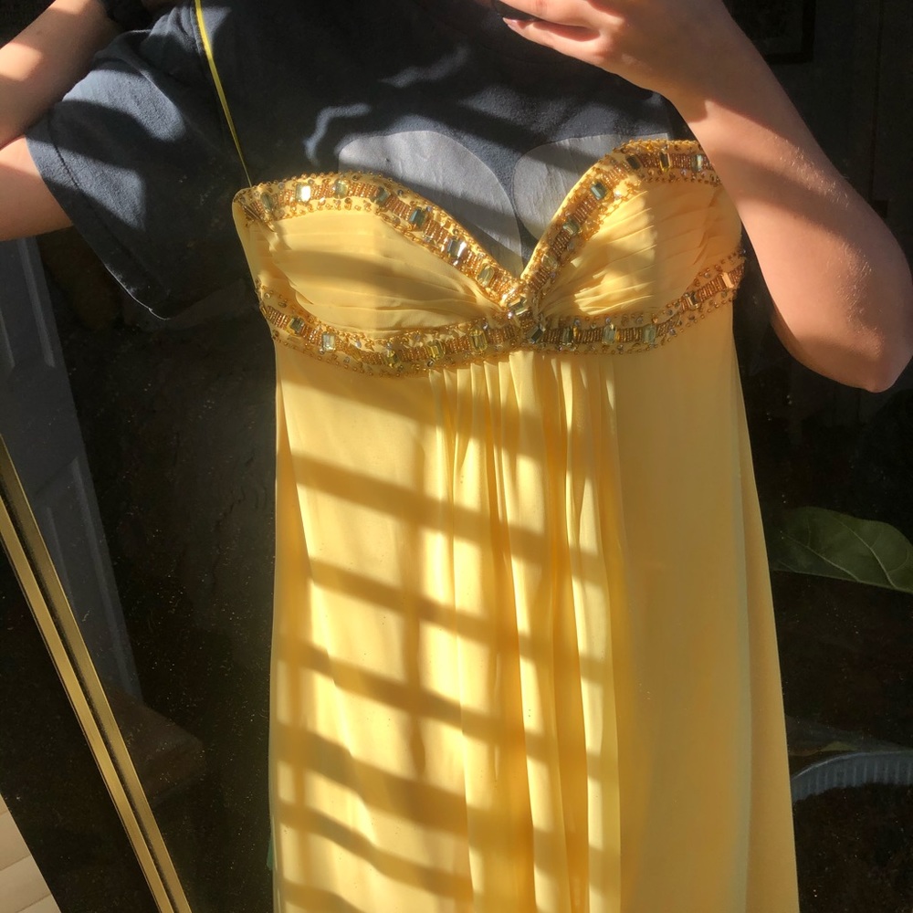 Cache Yellow Embellished Strapless Maxi/Prom Dress